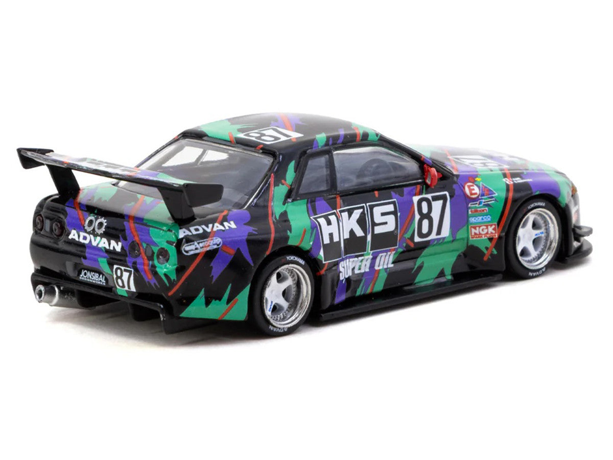 Nissan Skyline (R32) Widebody RHD (Right Hand Drive) #87 "HKS - Designed by Jon Sibal" Black with Graphics with Tarmac Cards "Global64" Series 1/64 Diecast Model Car by Tarmac Works Tarmac Works