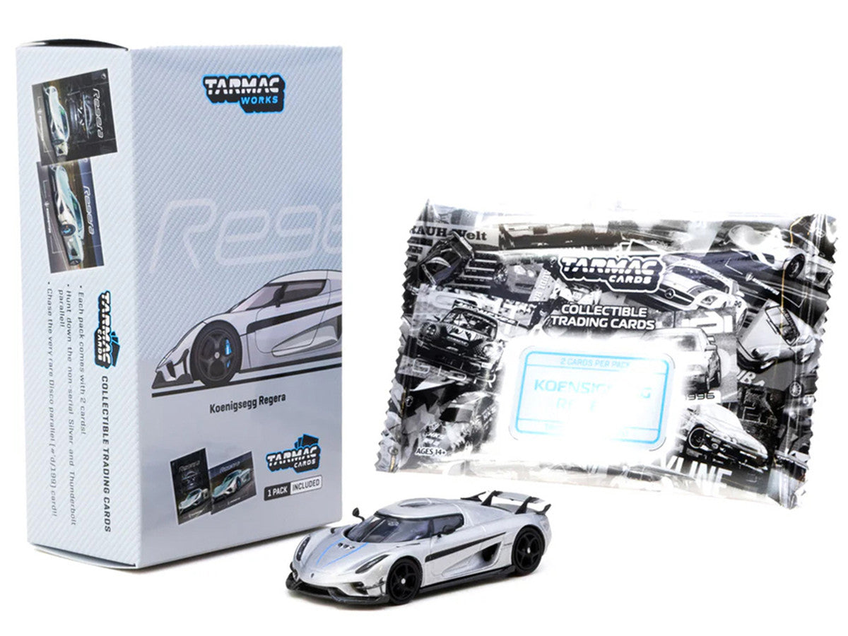 Koenigsegg Regera Silver Metallic with Blue Accents and Collectible Tarmac Cards "Global64" Series 1/64 Diecast Model Car by Tarmac Works-4