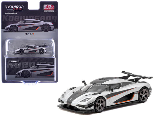 Koenigsegg One:1 Silver Metallic with Black Stripes "Global64" Series 1/64 Diecast Model Car by Tarmac Works Tarmac Works