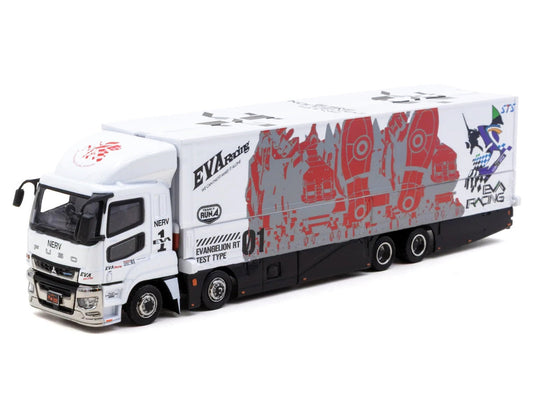 Mitsubishi Fuso Super Great Truck with Transporter "EVA Racing" White with Graphics "Truck64" Series 1/64 Diecast Model Car by Tarmac Works Tarmac Works