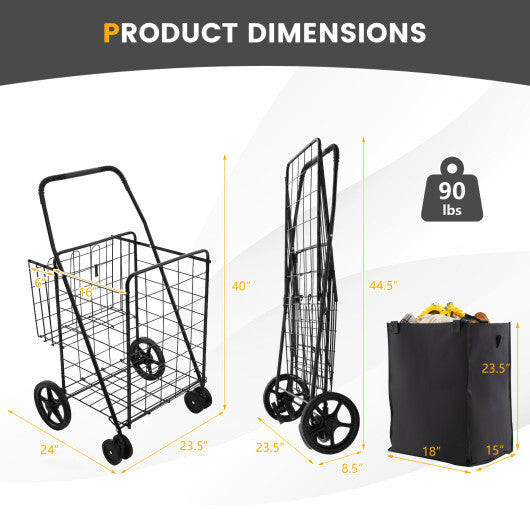 Folding Rolling Shopping Cart with Waterproof Liner and Basket-Black W2B