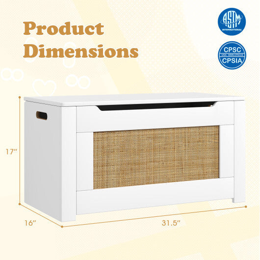 Kids Rattan Toy Storage Box with Flip Top Lid and Safety Hinge Handles-White W2B