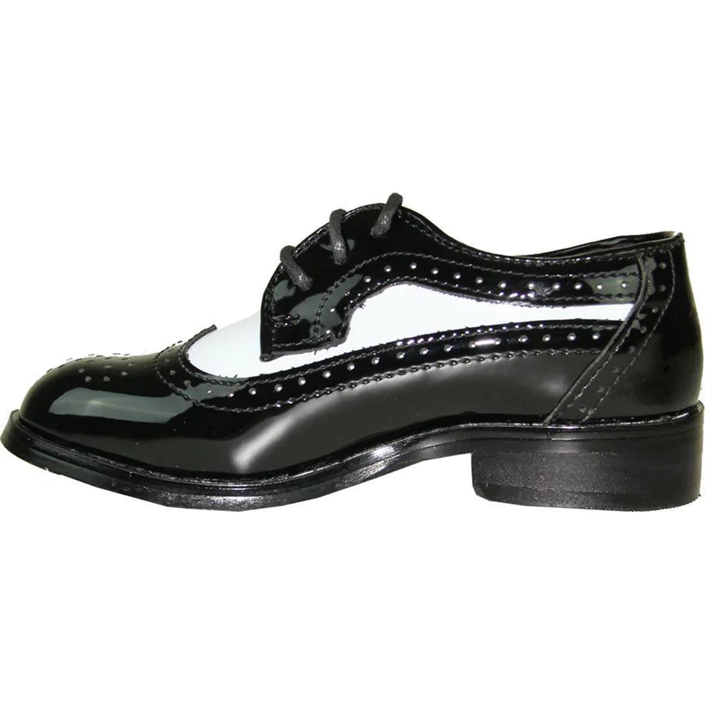 VANGELO Boy Dress Shoe TAB-3KID Oxford Formal Tuxedo for Prom & Wedding Black/White Patent Two Tone Tux-USA