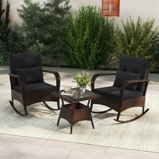 3 Pieces Outdoor Rocking Chair Set with Tempered Glass Coffee Table Black