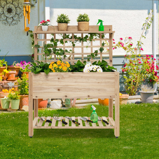 Wooden Raised Garden Bed with Wheels Trellis and Storage Shelf W2B