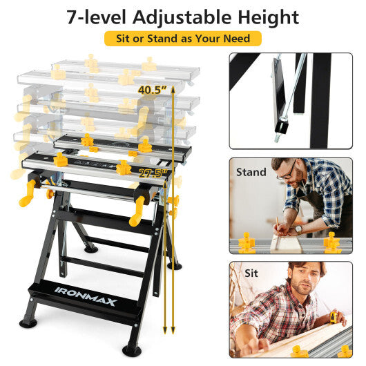 Folding Work Table with Tiltable Platform and 7-level Adjustable Height-Black W2B