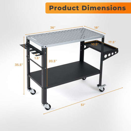 Welding Table 36x18" with Lockable Wheels and 144 Fixture Holes and Tool Slots W2B