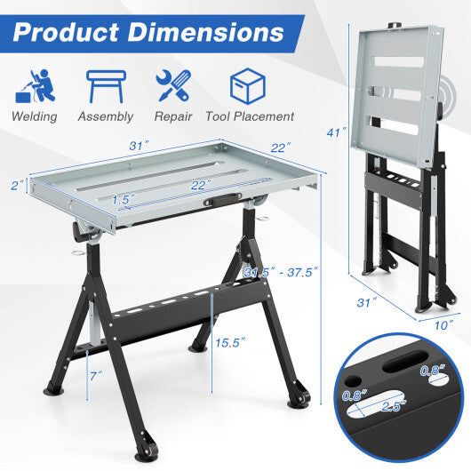 Folding Welding Table Welding Workbench with 2 Fixed Wheels 4-Level Height-Black W2B
