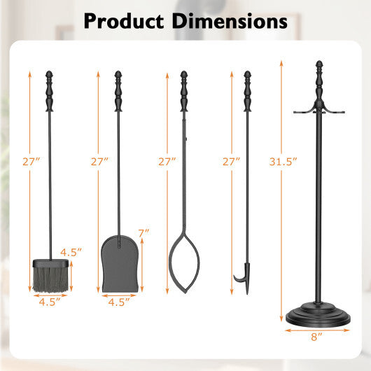 5-Pieces Fireplace Tool Set with Poker Tongs Brush Shovel and Round Stand W2B