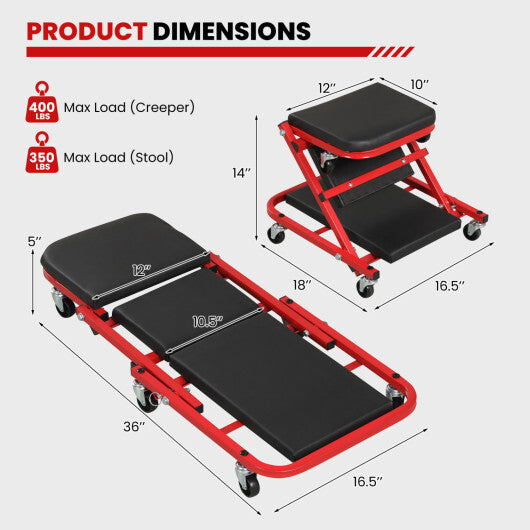 2-in-1 Z-Shaped Rolling Garage Stool 36" Folding Flat Automotive Creeper-Red W2B
