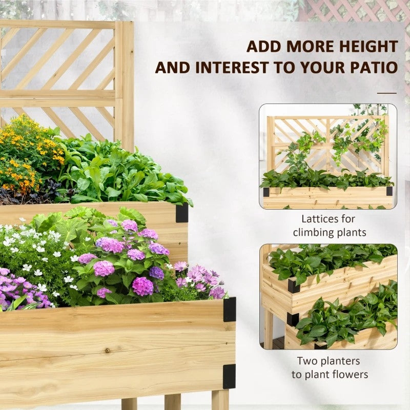 2 Tier Self Draining Natural Wood Raised Garden Bed Planter Box with Trellis FastFurnishings