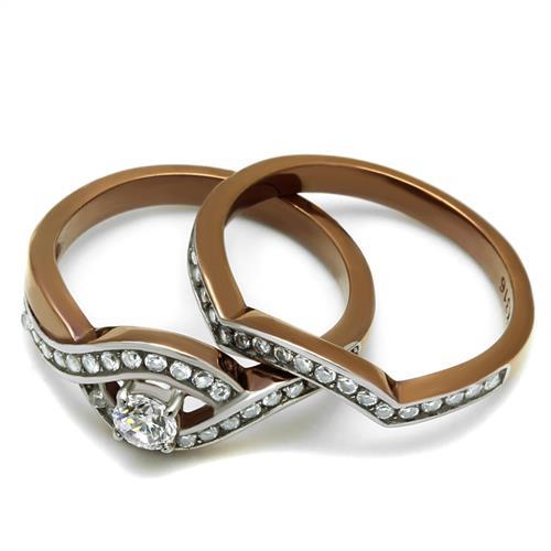 TK2953 - Two Tone IP Light Brown (IP Light coffee) Stainless Steel Ring with AAA Grade CZ in Clear Alamode