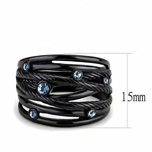 TK3564 - IP Black(Ion Plating) Stainless Steel Ring with Top Grade Crystal in Sea Blue Alamode