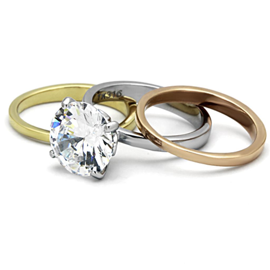 TK963 - Three Tone (IP Gold & IP Rose Gold & High Polished) Stainless Steel Ring with AAA Grade CZ in Clear-4