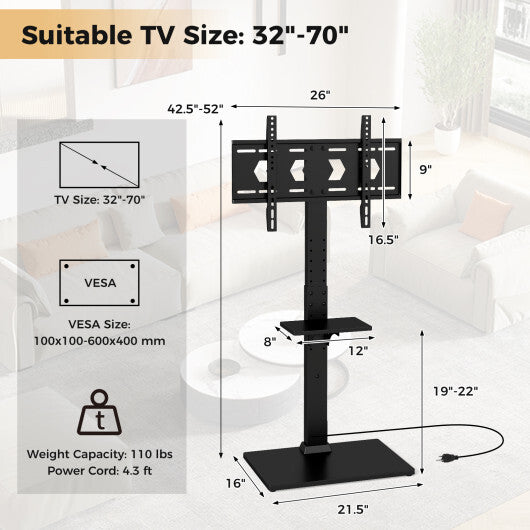 Tilt and Height Adjustable Floor TV Stand with Power Outlet and Adjustable AV Shelf W2B