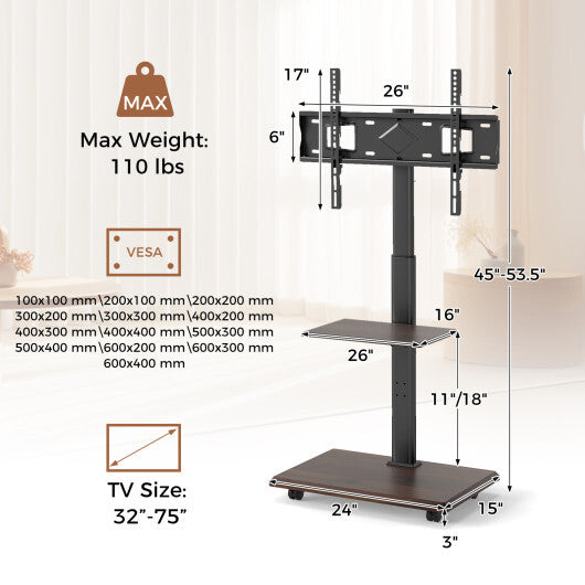 Rolling TV Stand on Wheels Mobile TV Cart for 32-75 Inch TVs Portable AV Cart-Black W2B
