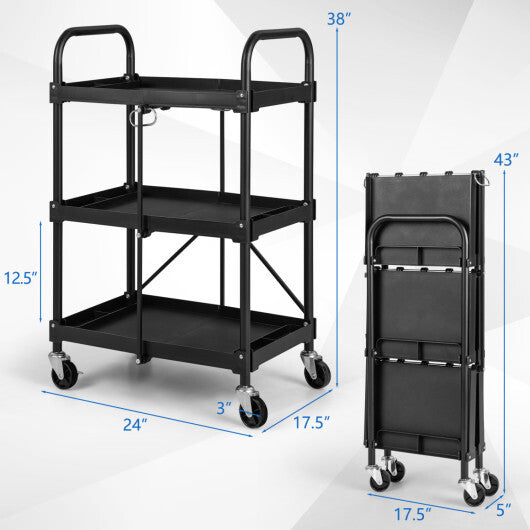 3-Tier Folding Trolley Cart with Universal Wheels Heavy Duty for Warehouse-Black W2B