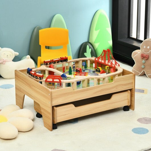 Kids Wooden Train Set Table with 100 Multicolor Pieces and Lockable Wheels W2B