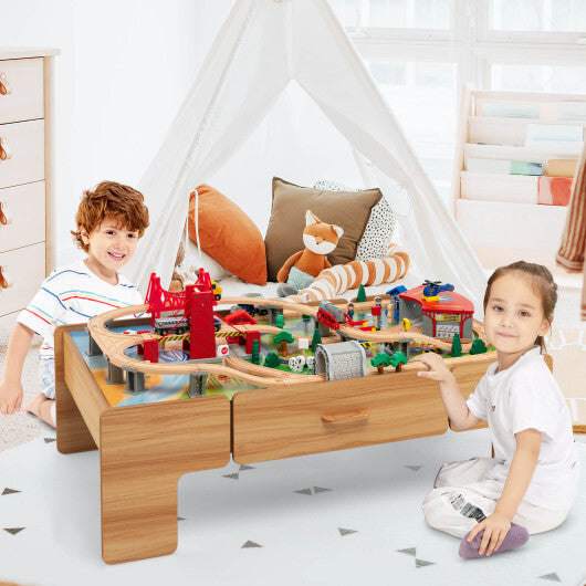 100-Piece Double-Sided Wooden Train Set Table with Storage Drawer for Kids Age 3 + W2B