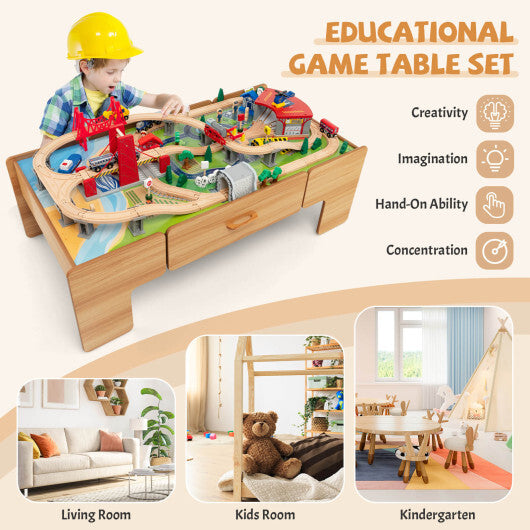 100-Piece Double-Sided Wooden Train Set Table with Storage Drawer for Kids Age 3 + W2B