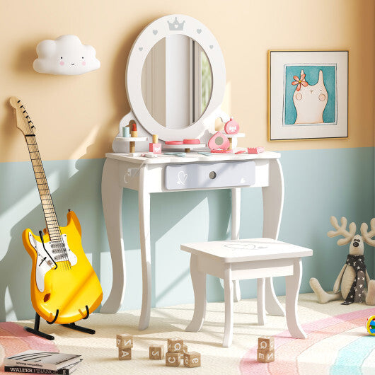 Kids 2-in-1 Princess Makeup Table and Chair Set with Removable Mirror-White W2B