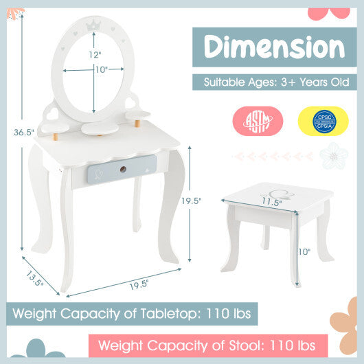 Kids 2-in-1 Princess Makeup Table and Chair Set with Removable Mirror-White W2B