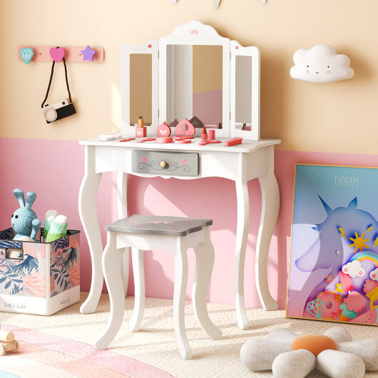 Kids Vanity Set with Tri-folding Mirror-White W2B