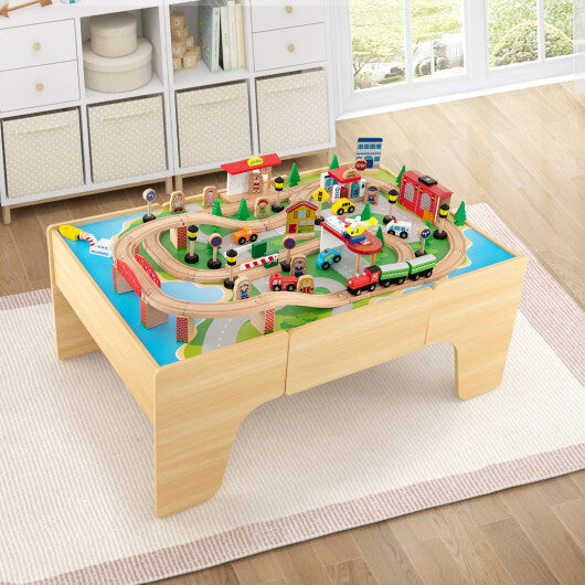 84-Piece Wooden Train Set with Reversible and Detachable Tabletop W2B