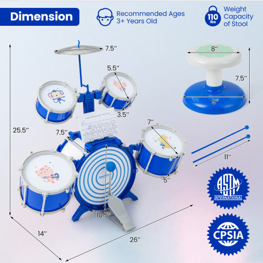 Kids Drum Set Educational Percussion Musical Instrument Toy with Bass Drum-Blue W2B
