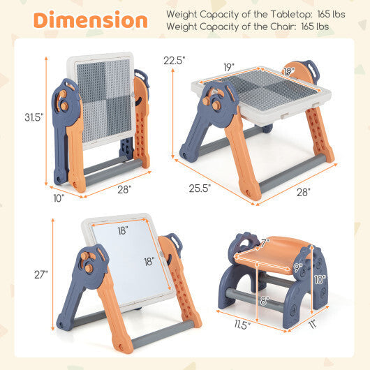 6-In-1 Folding Kids Art Easel with Reversible Building Block Tabletop W2B