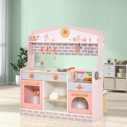 Double-Sided Kids Play Kitchen Set with Canopy and 2 Seats W2B