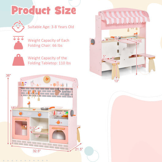 Double-Sided Kids Play Kitchen Set with Canopy and 2 Seats W2B