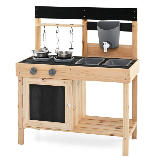 Mud Kitchen Playset Kids Play Kitchen Outdoor with 2 Removable Sinks-Natural W2B