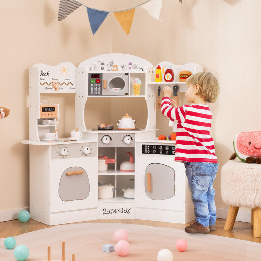 Corner Wooden Play Kitchen with Coffee Machine and Slide for Kids-White - Color: White W2B