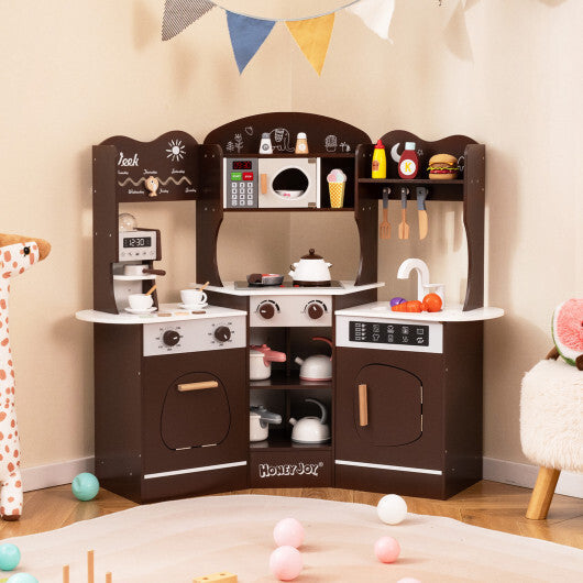 Corner Wooden Play Kitchen with Coffee Machine and Slide for Kids-Brown W2B