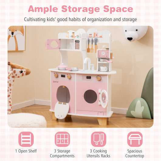 Wooden Kids Kitchen Playset with Coffee Maker for kids-Pink W2B