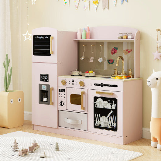Wooden Kids Kitchen Playset with Chalkboard Ice Maker Sink Lighted Microwave-Pink W2B