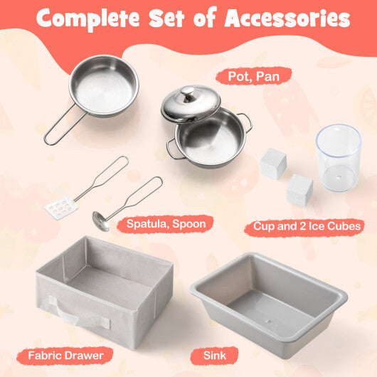 Wooden Kids Kitchen Playset with Chalkboard Ice Maker Sink Lighted Microwave-Pink W2B