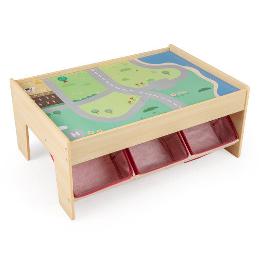 Wooden Train Set Table Kids Multipurpose Activity Play Table with 2 Reversible Tabletops-Red W2B