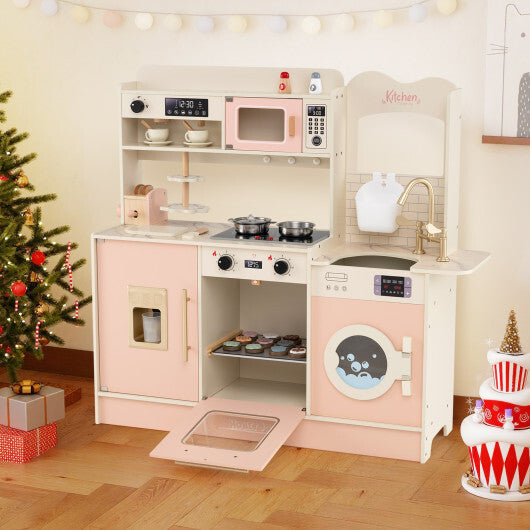 Children Pretend Toy Kitchen Playset with Light and Sound-Pink W2B