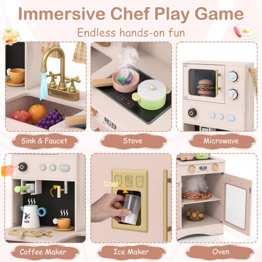 Wooden Kids Pretend Play Toy Kitchen with Microwave and Coffee Maker for Boys & Girls Ages 3+-Pink W2B
