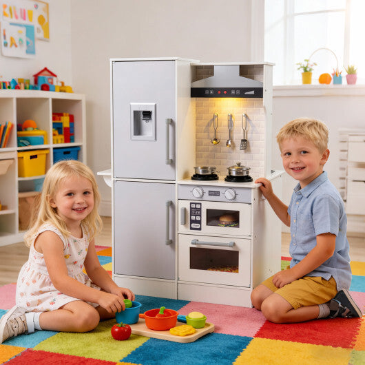 Dual-Sided Kids Play Kitchen with Water Dispenser and Range Hood for 3+ Years Old-White W2B