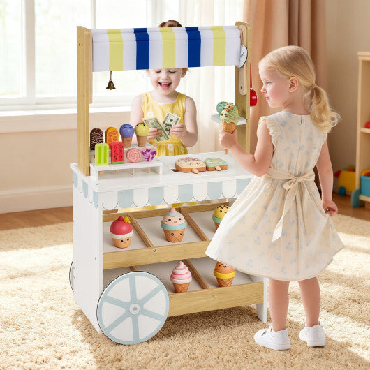 Wooden Ice Cream Cart for Kids 2-in-1 Grocery Store Playset with Display Shelves-White W2B