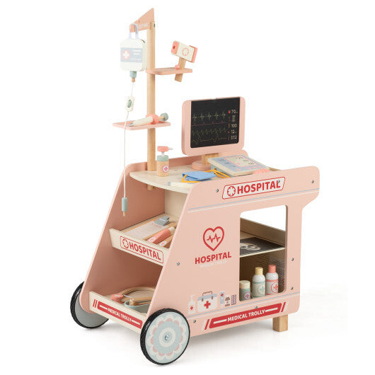 Wooden Doctor Playset for Kids Pretend Play Doctor Kit with Cart Gift for Toddlers Boys Girls Aged 3+-Green W2B