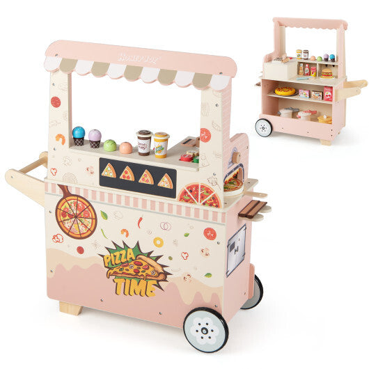 Kids Pizza Food Truck Wooden Pretend Play Snack Cart with Oven-Pink W2B