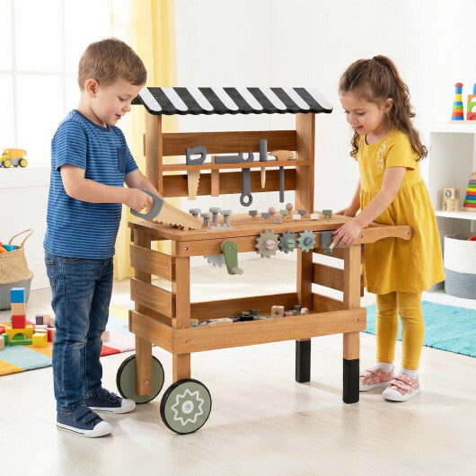 2-in-1 Kids Rolling Cart with Play Tools Set for Construction Play-Brown W2B