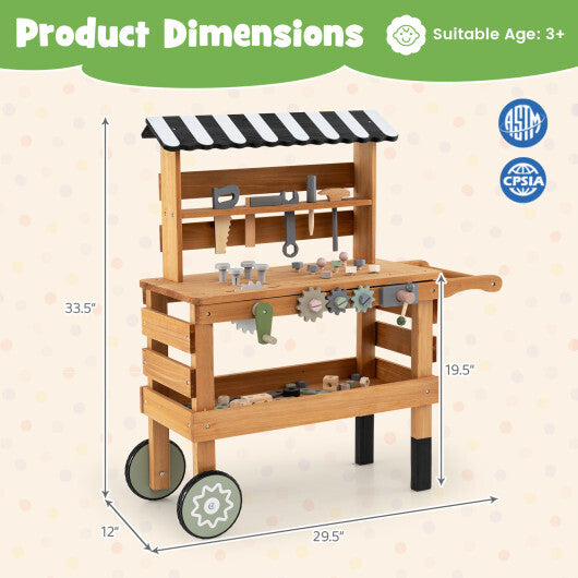 2-in-1 Kids Rolling Cart with Play Tools Set for Construction Play-Brown W2B