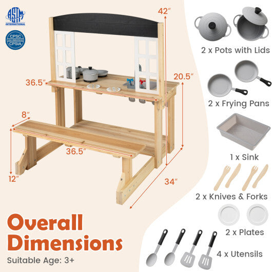 Wooden Pretend Play Kitchen with Bench and Cooking Accessories-Natural W2B