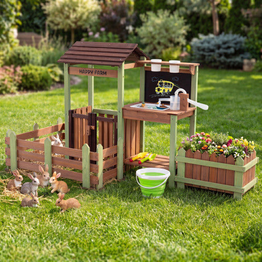 Fir Wood Mud Farm Playset with Planter Box Lockable Yard and Faucet for 3+ Kids W2B