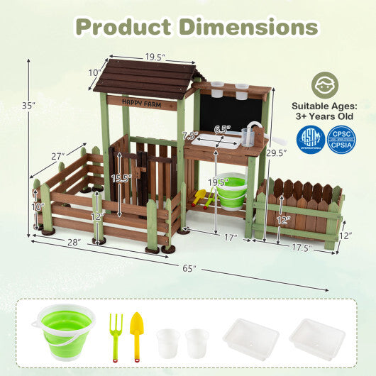 Fir Wood Mud Farm Playset with Planter Box Lockable Yard and Faucet for 3+ Kids W2B